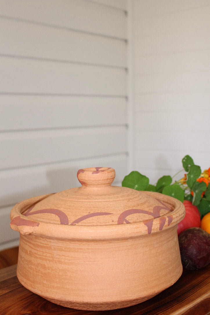 terracotta clay cooking pot with lid and handle