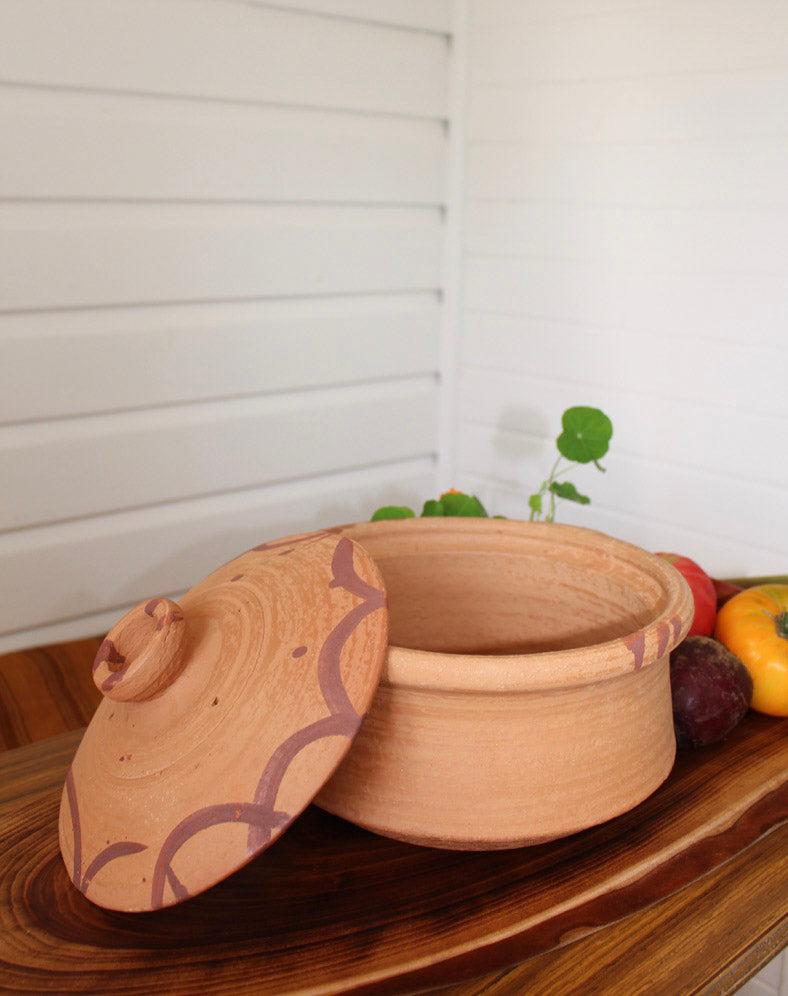 terracotta clay cooking pot with lid and handle